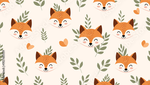 Adorable seamless pattern featuring cute orange fox faces and green leaves on a light cream background, perfect for nursery and kids decor.