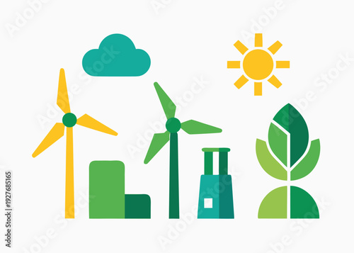 A collection of flat design sticker icons showing renewable energy sources like wind, solar, and bioenergy elements.