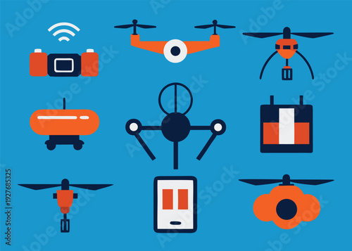 A collection of flat design sticker icons depicting various types of drones, quadcopters, and their related equipment on a blue background.