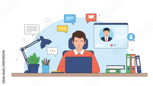 Professional man working at his desk with a laptop and office supplies, featuring floating social media and video call communication icons.