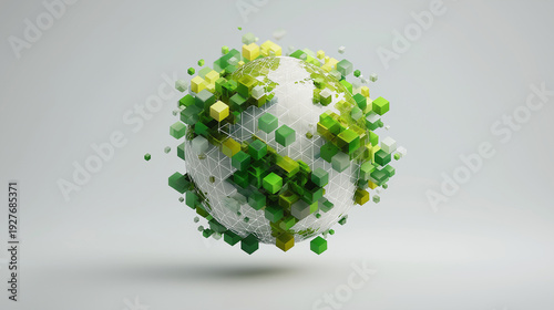 Minimal 3D render of a transparent wireframe globe surrounded by floating green and yellow cubes, hovering on a soft gray background, symbolizing digital ecology and data.