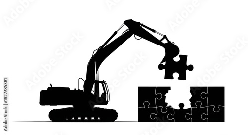 Vector silhouette of an excavator placing the final puzzle piece, representing industrial problem solving, construction solutions, and strategic planning.