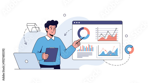 Data analyst professional presenting complex financial visualizations and growth charts on a large screen during a business strategy session.