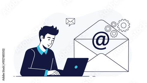 Young man working on a laptop with a large email envelope and gears indicating digital communication and newsletter automation.