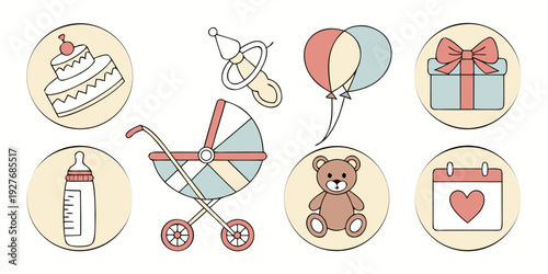 A delightful collection of baby-themed icons, perfect for nursery decor and baby-related projects. Vector