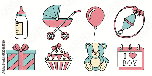 Assorted colorful icons representing various aspects of childhood and celebration Vector