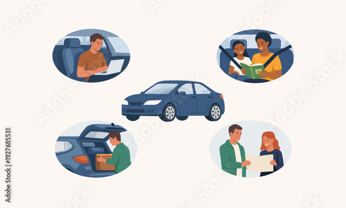 Flat vector illustration set showing car usage scenarios including driving, reading during travel, loading luggage and planning route. Transportation and everyday travel concept.