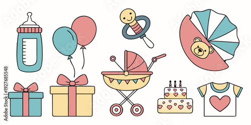 Celebrating a baby's first birthday with various colorful decorations and gifts Vector