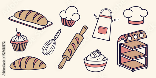 Assorted bakery items including bread, cakes, and pastries displayed on a table Vector