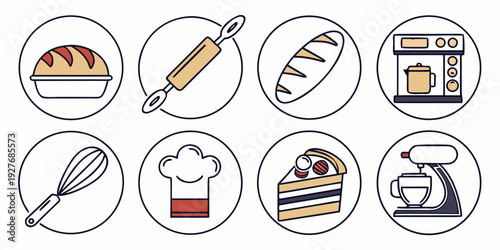 Assorted food items arranged in a circular pattern with icons. Vector