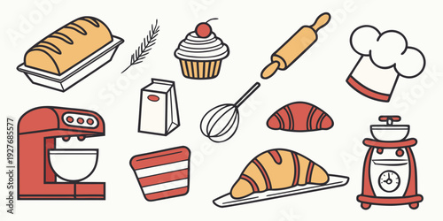 Assorted breakfast foods displayed on a wooden table with a red toaster Vector