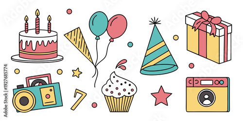 A vibrant celebration with colorful balloons, gifts, and festive decorations Vector