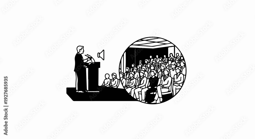 Naklejka premium Speaker at podium addressing seated audience in a circular frame