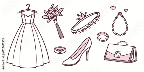 A collection of wedding attire and accessories including dresses, shoes, and jewelry Vector
