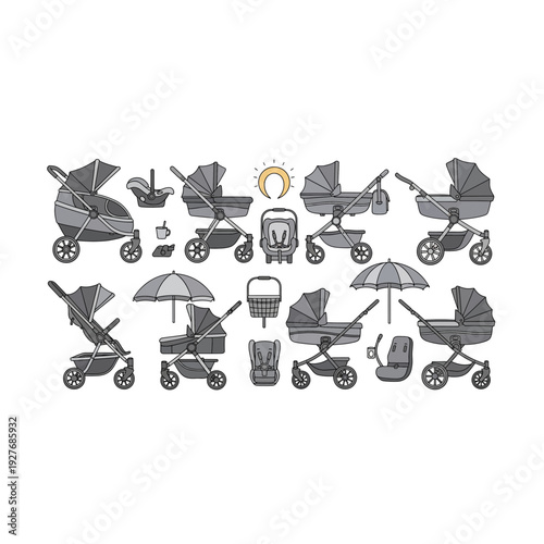 Diverse Baby Stroller and Pram Outline Icon Set Collection