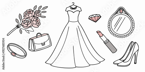 A beautiful wedding dress with accessories including a bouquet, shoes, and jewelry Vector