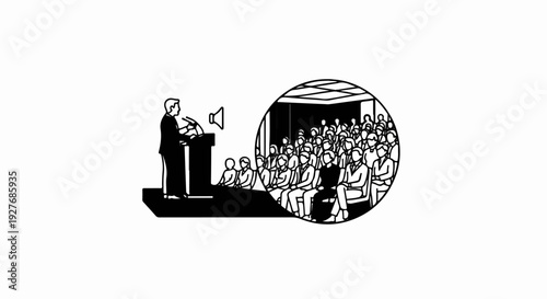 Speaker at podium addressing seated audience in a circular frame