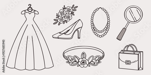 A collection of vintage wedding accessories and jewelry displayed together. Vector