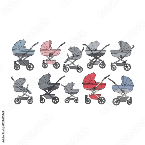 Cute Baby Strollers Collection Pixel Art Illustration in Blue, Pink, Red, Grey