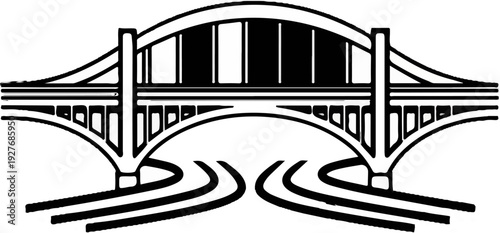 Stylized black and white graphic of a multi-level overpass bridge with roads