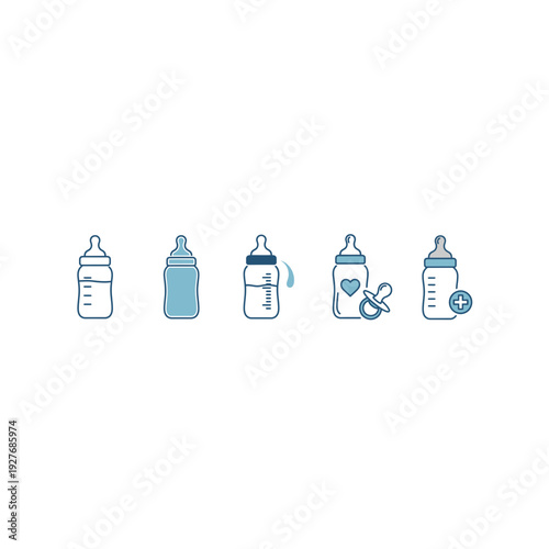 Cute Baby Bottles Set Pixel Art Icons in Blue and Grey Tones