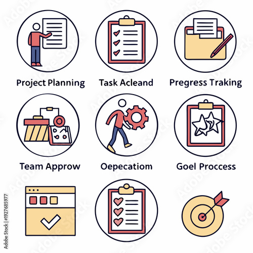 Icons representing various aspects of project management and team collaboration Vector