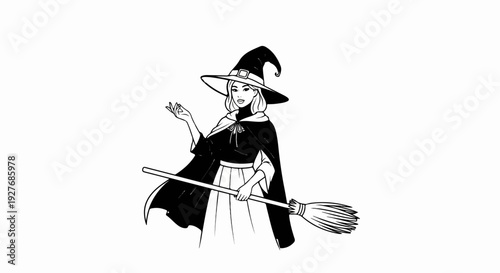 Stylized drawing of a witch wearing a pointed hat, cape, and holding a broom