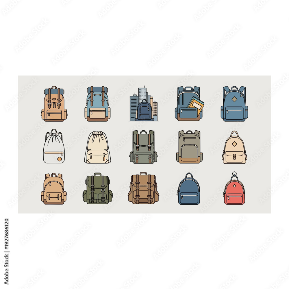 Modern Backpack and Rucksack Icon Set Illustration