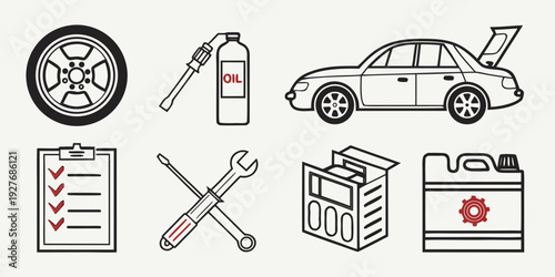Assorted icons representing car maintenance and roadside assistance services. Vector