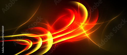 Dynamic abstract lines, vibrant red hues, golden glow. Energy radiates from center, dark background enhances luminosity.