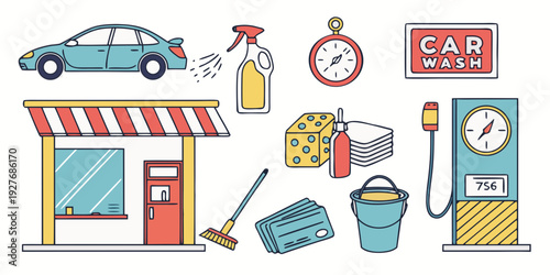 A vibrant illustration of various objects and icons representing different services and activities. Vector