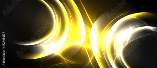 Bright yellow energy flows, swirling shapes create dynamic abstract design. Light radiates from central point, contrasting dark background.