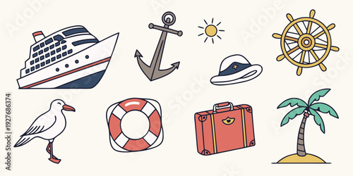 Assorted icons representing travel, adventure, and maritime activities. Vector