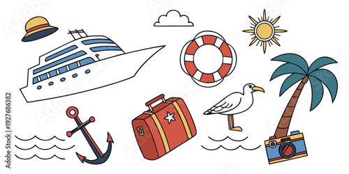 A vibrant illustration of various travel and vacation related icons. Vector