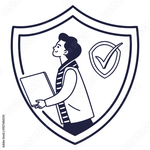 A student holding a laptop inside a shield with a checkmark