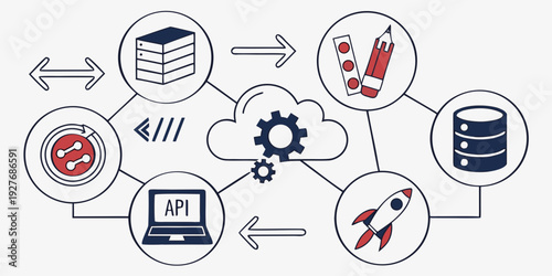 Illustration of a network system with various connected devices and icons Vector