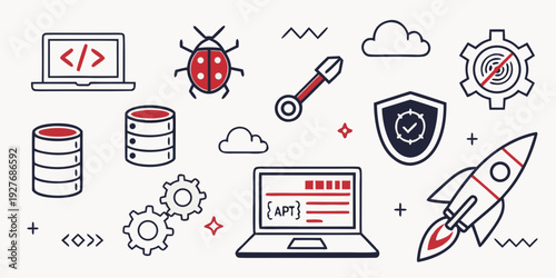 Illustration of cybersecurity concepts including hackers, firewalls, and secure databases. Vector