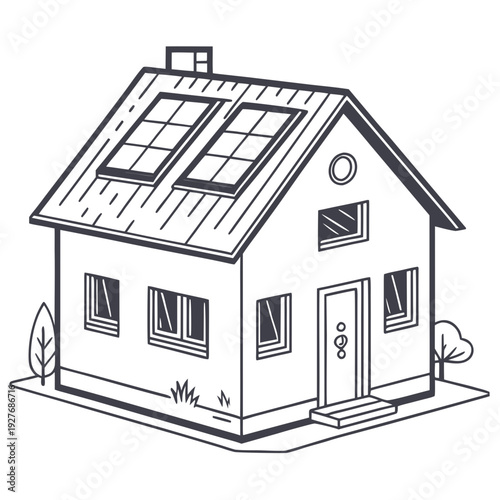 A simple house with a gable roof and skylights