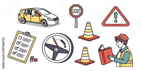 Assorted road safety equipment and tools displayed on a white background Vector
