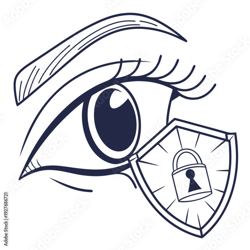 A drawing of an eye with a shield and lock