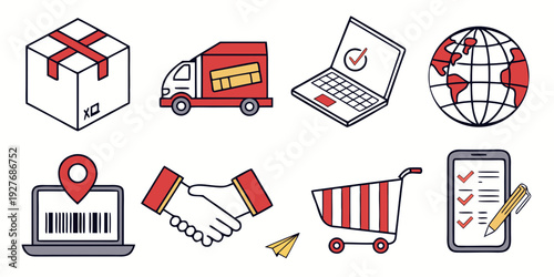 A collection of icons representing various aspects of e-commerce and online shopping. Vector
