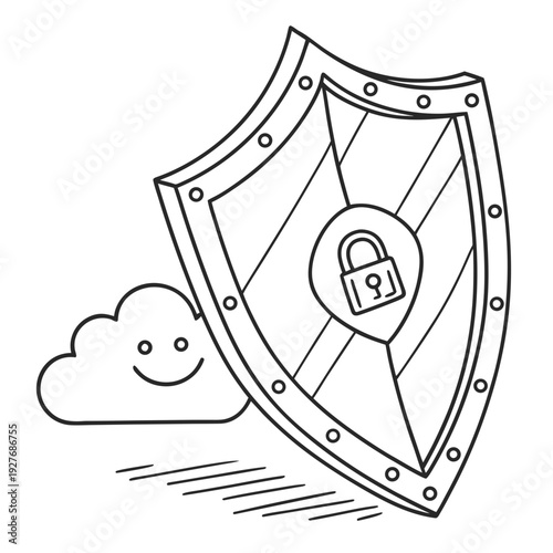 A cloud with a smiley face is protected by a shield with a padlock