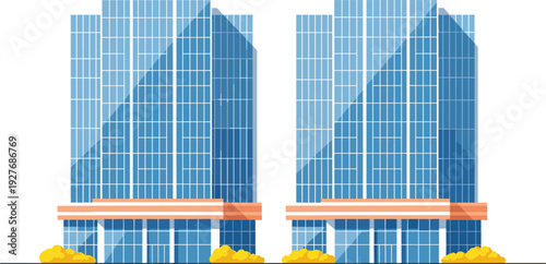 Twin Modern Glass Office Buildings Vector Illustration with Blue Corporate Facade, Urban Business Architecture, Commercial Skyscrapers Isolated on White Background