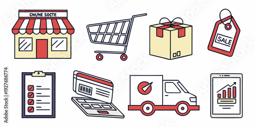 A collection of icons representing various aspects of online shopping and delivery services Vector