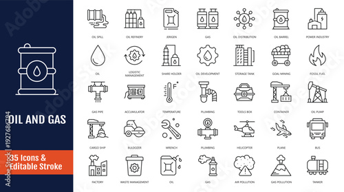 Oil and Gas icon set. Icons related to fuel, refinery, petroleum, oil well, offshore platform, lubricant, oil barrel and more. Outline icon with Editable stroke. Vector illustration
