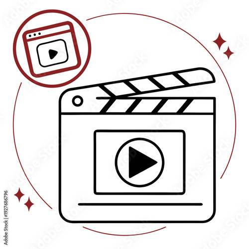 A clapper board and a video play button in a red circle with sparkles