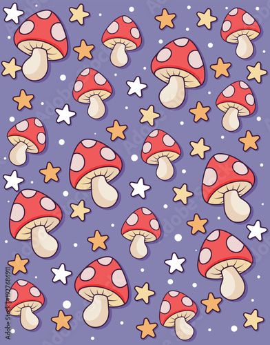 Red mushrooms and stars purple background