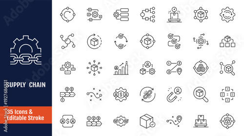 Supply chain icon set. Icons related to supply chain, value chain, logistic, delivery, manufacturing, commerce and more. Outline icon with Editable stroke. Vector illustration