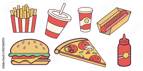Assorted fast food items including a burger, pizza, hot dog, fries, and a drink Vector