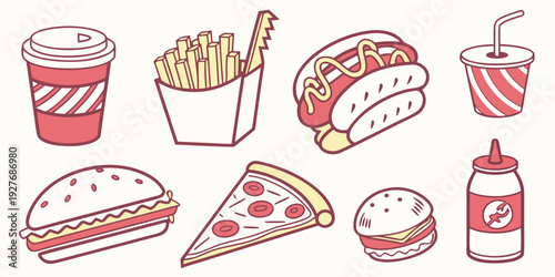 Assorted fast food items including burgers, fries, and hot dogs Vector